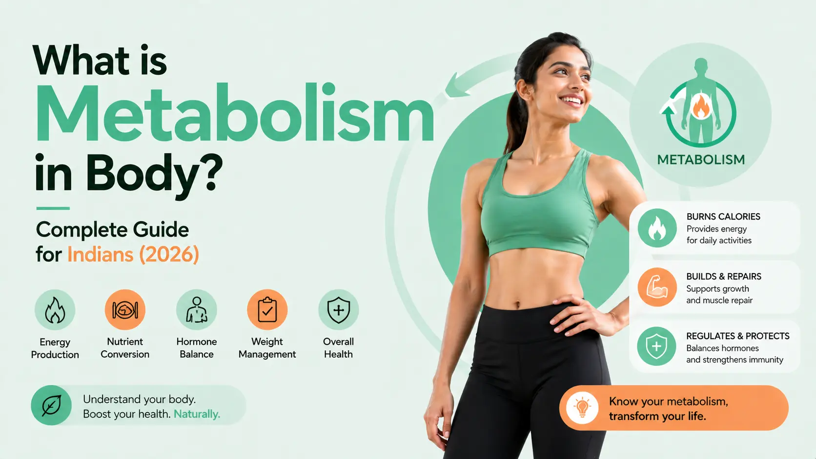 What is metabolism in body complete guide for Indians 2026 infographic showing fitness woman and metabolism benefits