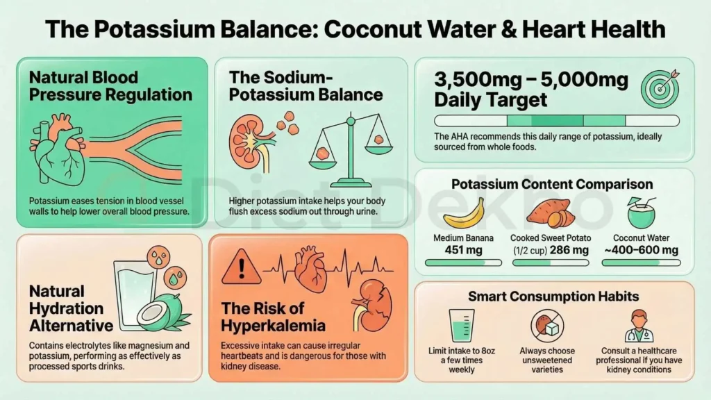 Infographic showing the benefits of coconut water for BP and the sodium-potassium balance.