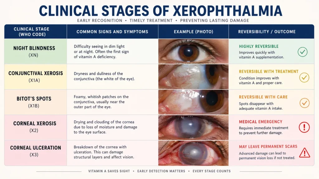 Infographic showing clinical stages of xerophthalmia including night blindness, conjunctival xerosis, Bitot’s spots, corneal xerosis, and corneal ulceration with symptoms and reversibility.