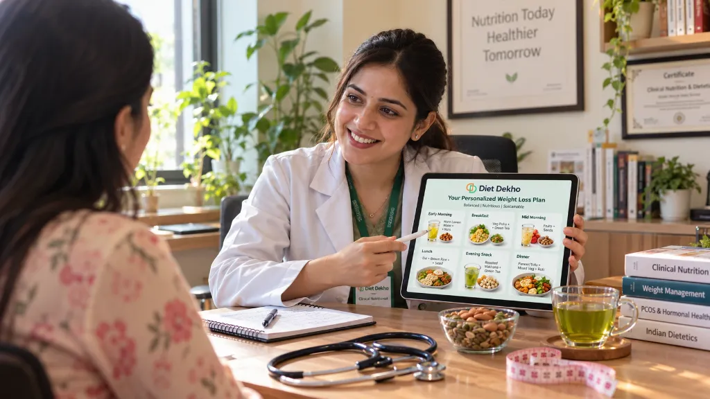 Diet Dekho certified clinical dietitian explaining personalized weight loss meal plan on digital tablet to client in modern clinic