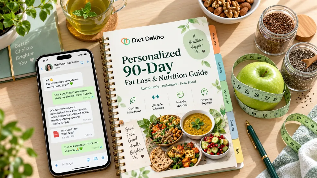 Diet Dekho Personalized 90-Day Fat Loss & Nutrition Guide spiral notebook with measuring tape, green apple, and WhatsApp nutritionist support