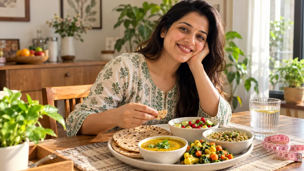 Happy smiling Indian woman enjoying healthy balanced Indian meal thali with multigrain roti and dal at home for sustainable weight loss