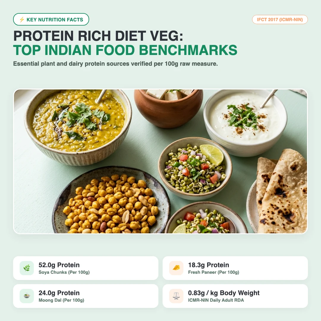 Key nutrition facts for a protein rich diet veg showing calories and protein per 100g